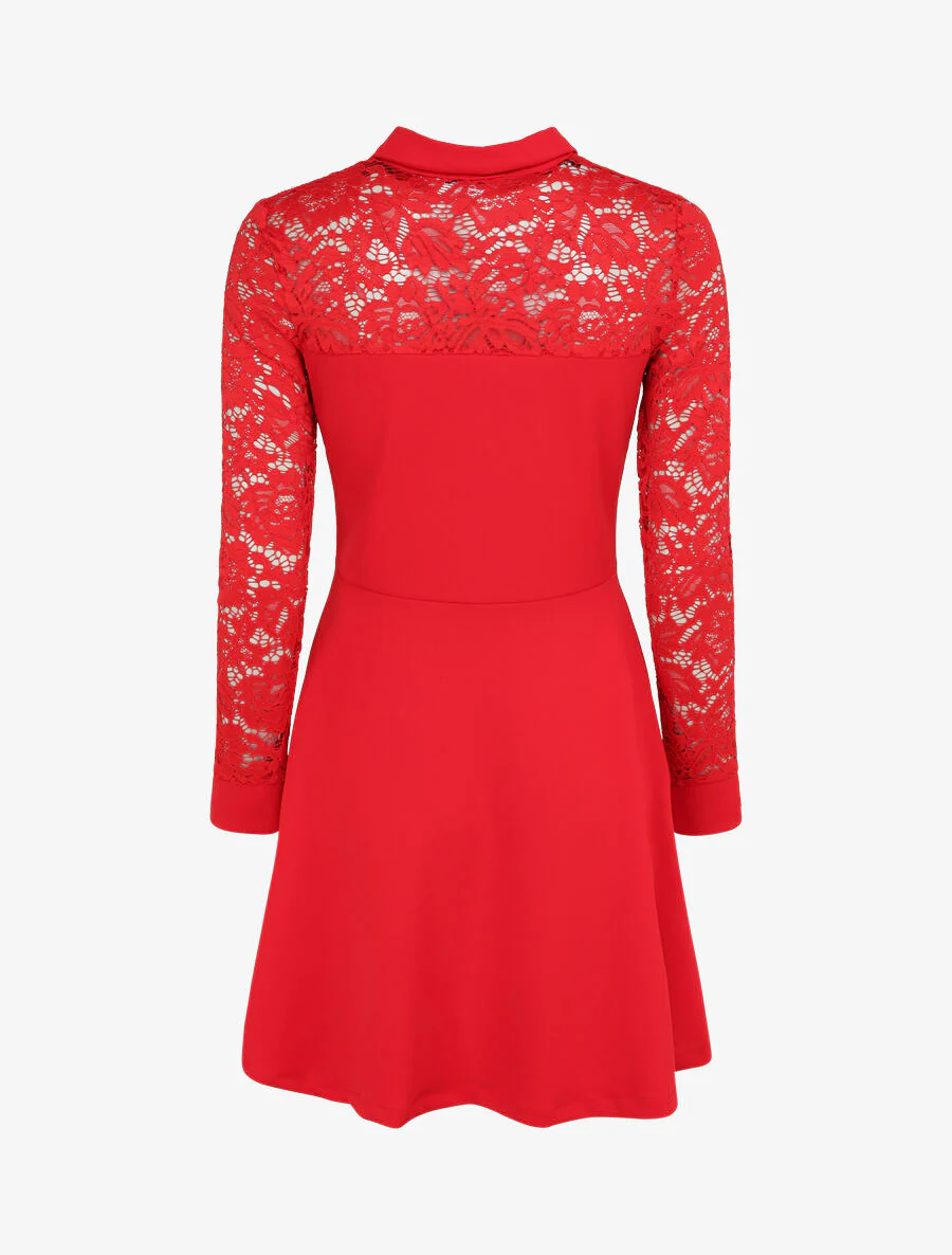Effen plooirok met kanten mouwen - Rood - Image 2