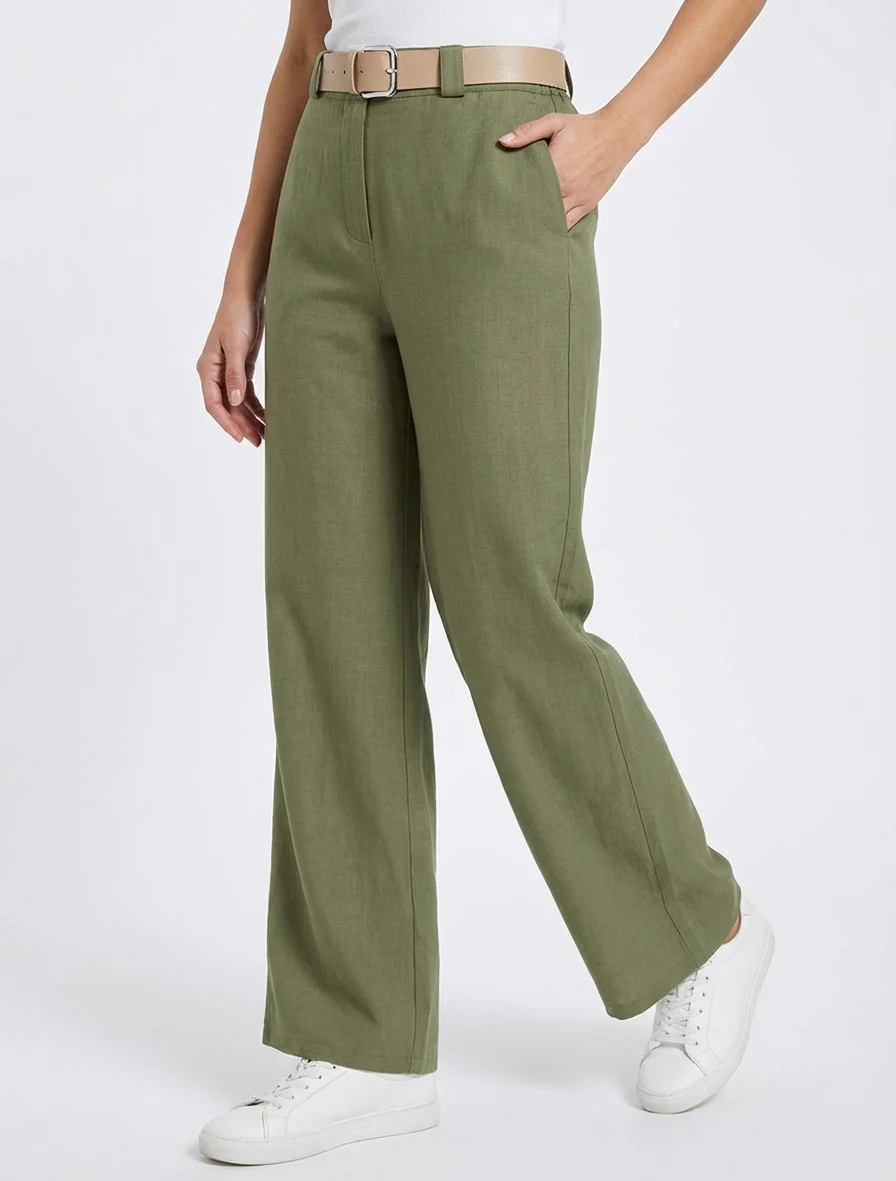 Effen rechte elastische broek - Kaki - Image 4