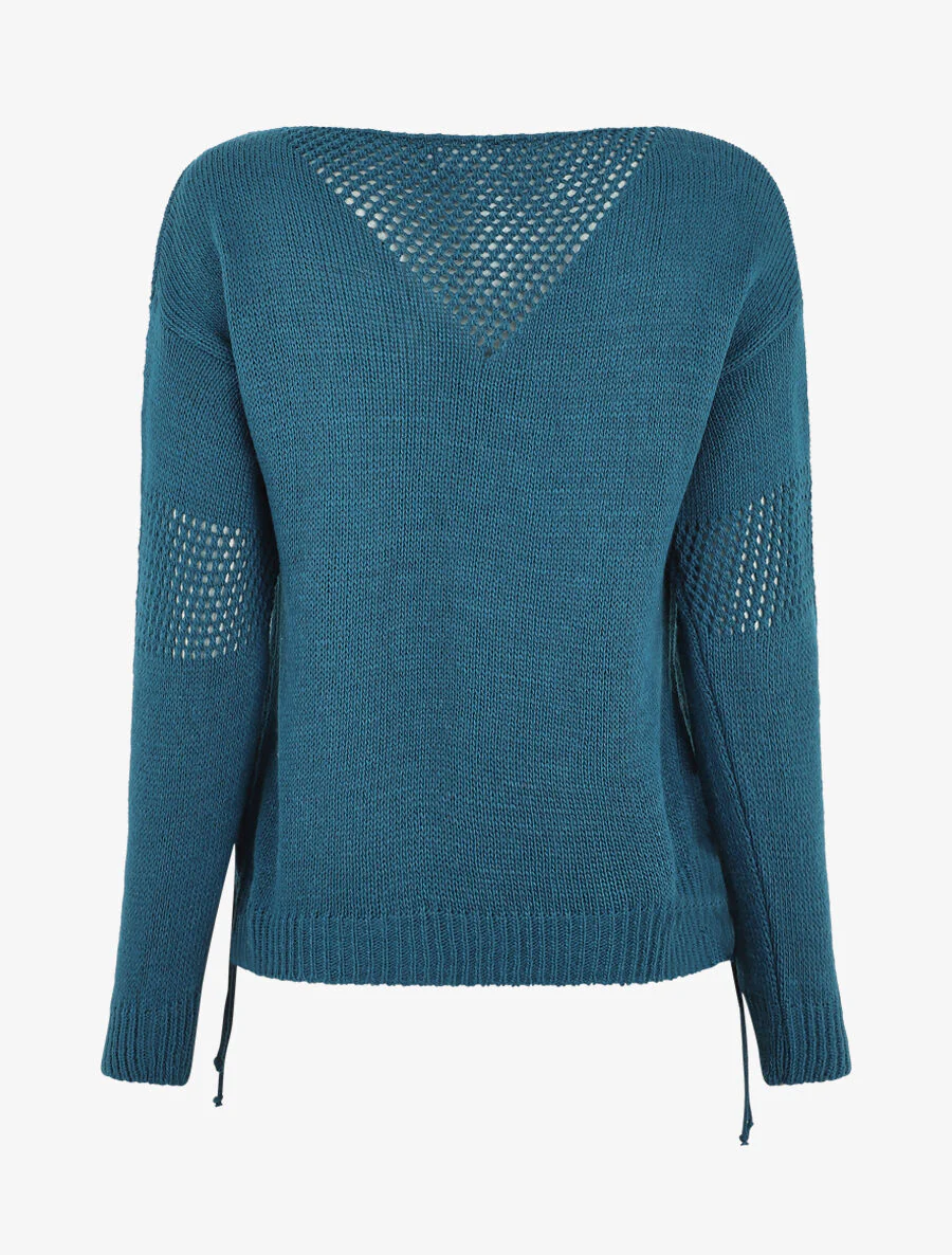 Effen rechte trui met bandjes - Blauwgroen - Image 2