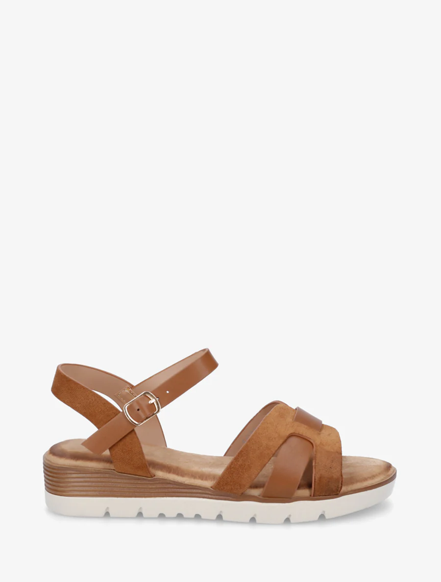 Effen sandalen met twee materialen - Kameel