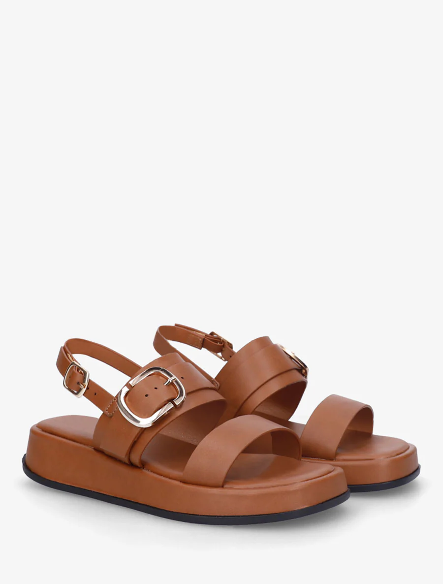 Effen sandalen van imitatieleer met dubbele gespen - Kameel - Image 4