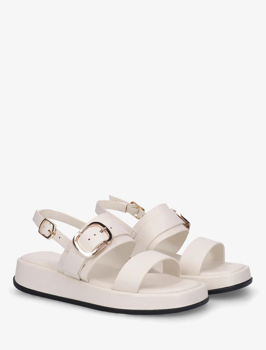 Effen sandalen van imitatieleer met dubbele gespen - Ecru - Image 4