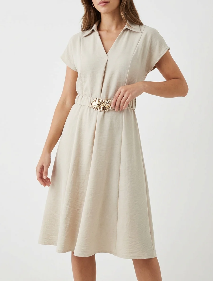 Effen soepelvallende jurk met ceintuur - Beige - Image 4