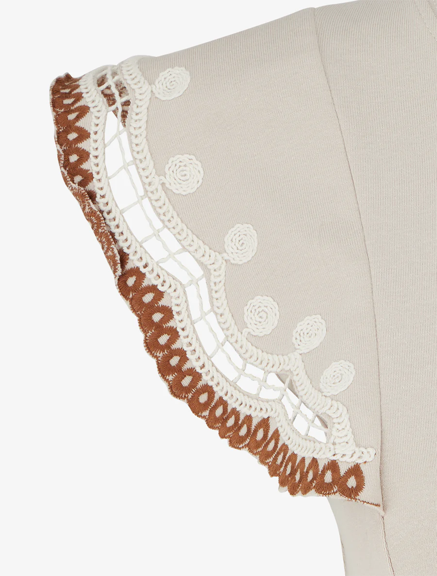 Effen T-shirt met geborduurde korte mouwen - Beige - Image 3