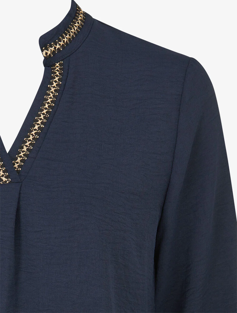 Effen top met iriserende geborduurde V-hals - Marineblauw - Image 3