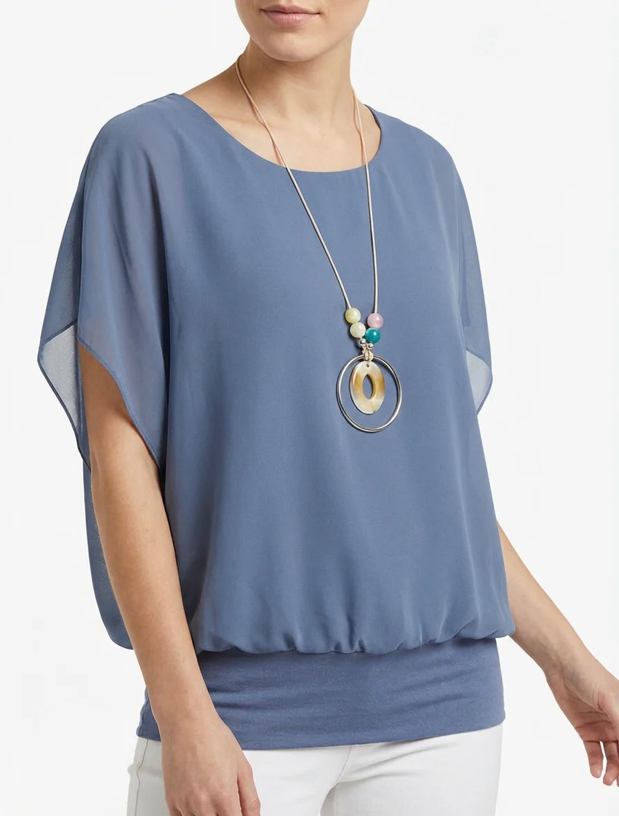 Effen top met korte mouwen - Blauwgrijs - Image 4