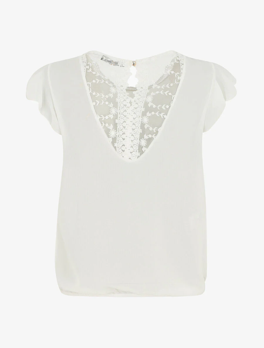 Effen top met mouwen en kanten rug - wit - Image 2