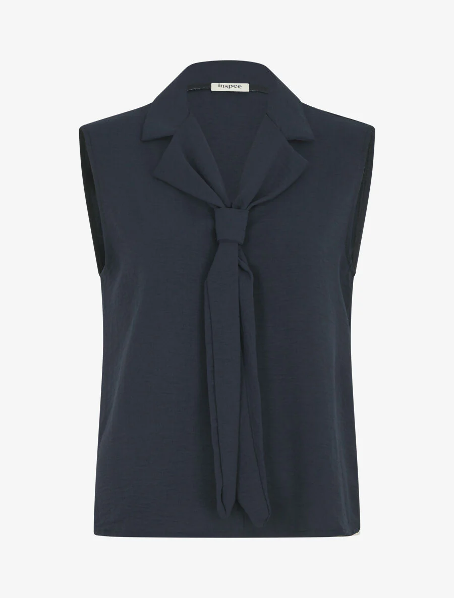 Effen top met strikkraag - Marineblauw