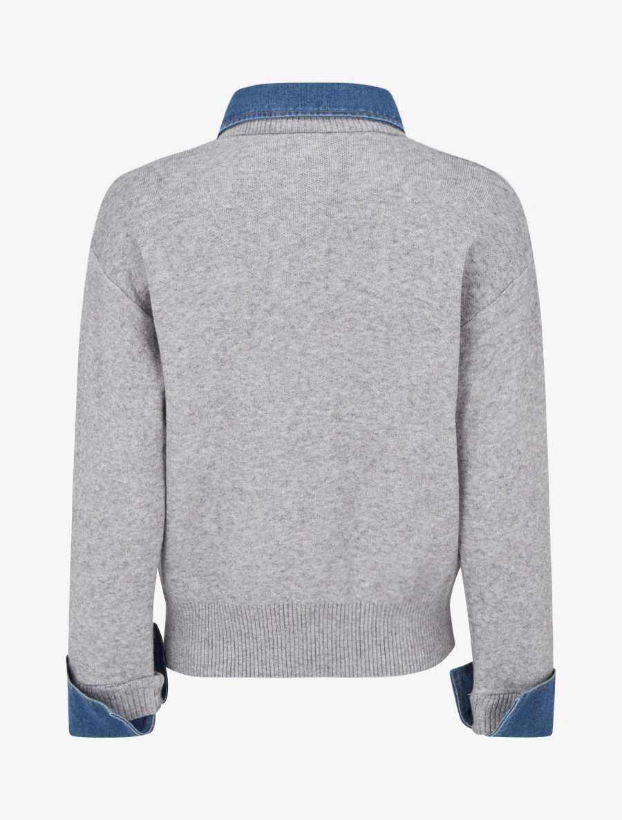 Effen trui met denim inzetstuk - Grijs - Image 2