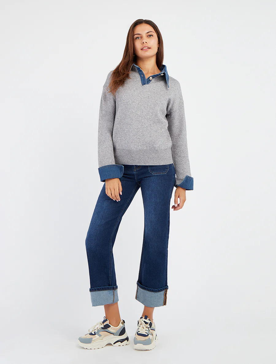 Effen trui met denim inzetstuk - Grijs - Image 5