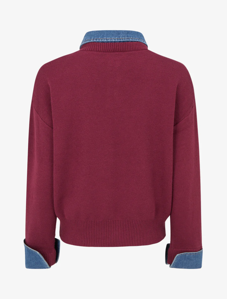 Effen trui met denim inzetstuk - Wijnrood - Image 2