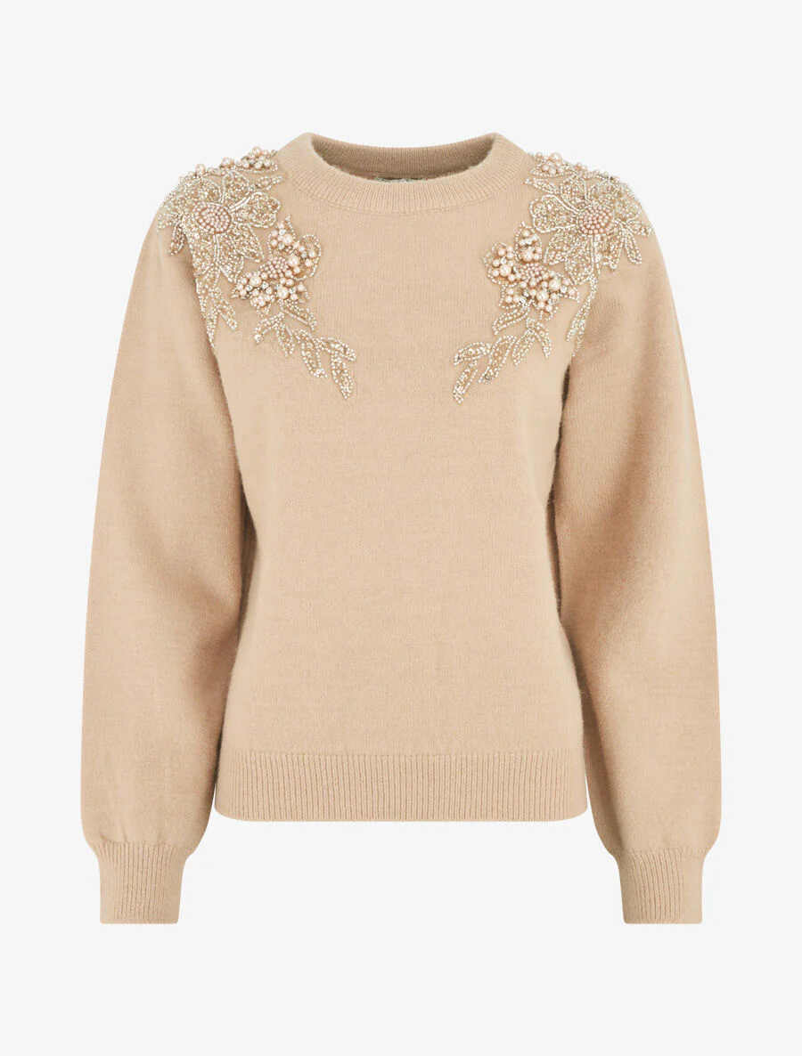 Effen trui versierd met kralen en strass - Taupe