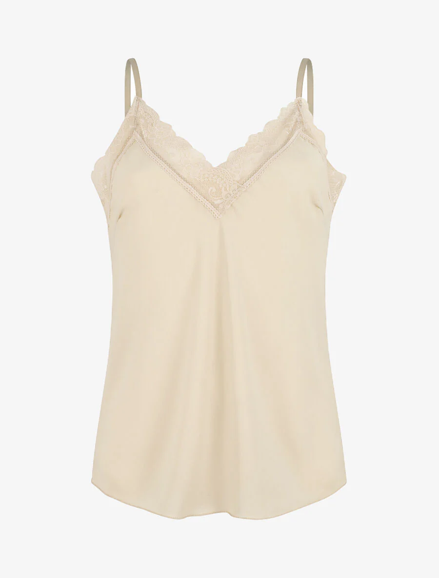 Effen V-hals hemdje met kanten details - Beige