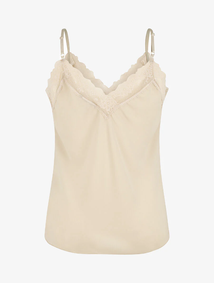 Effen V-hals hemdje met kanten details - Beige - Image 2