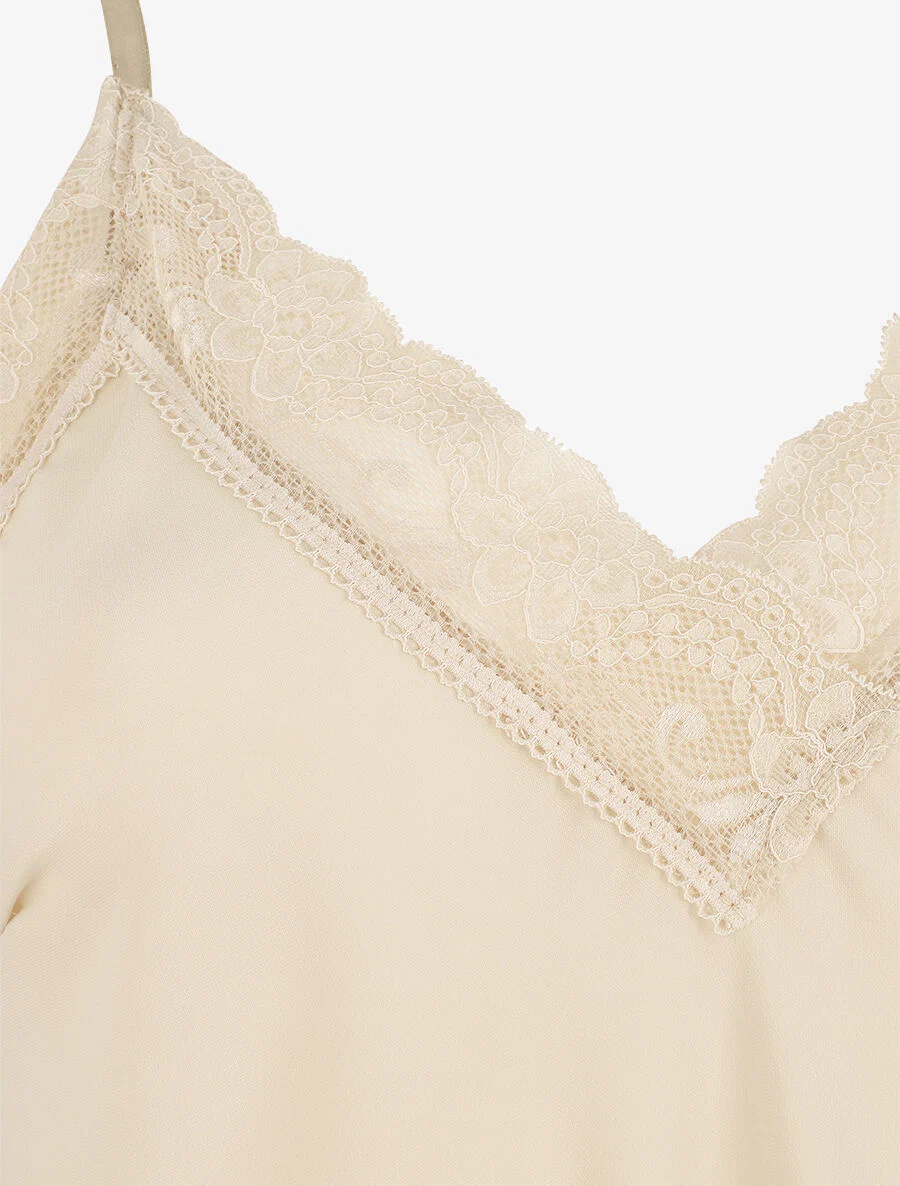 Effen V-hals hemdje met kanten details - Beige - Image 3