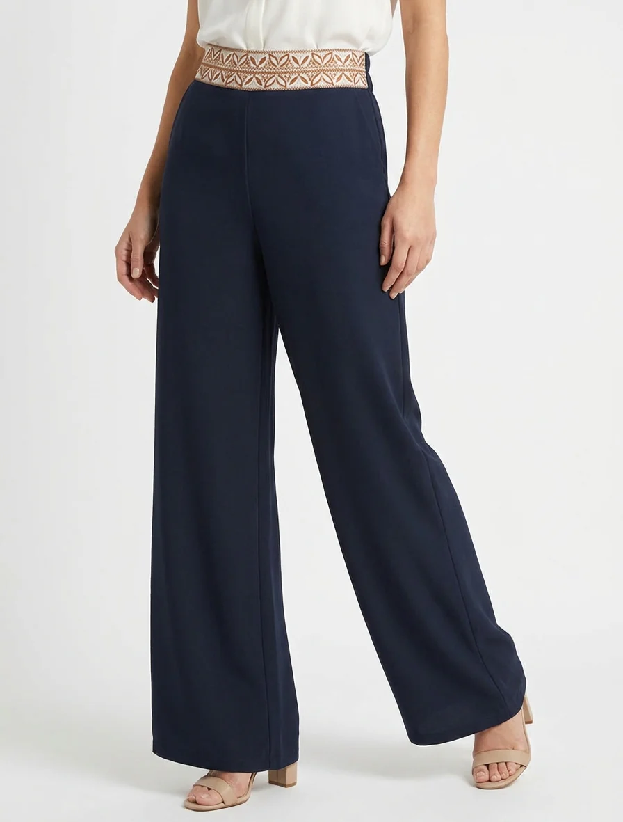Effen vloeiende broek met hoge taille - Marine - Image 4