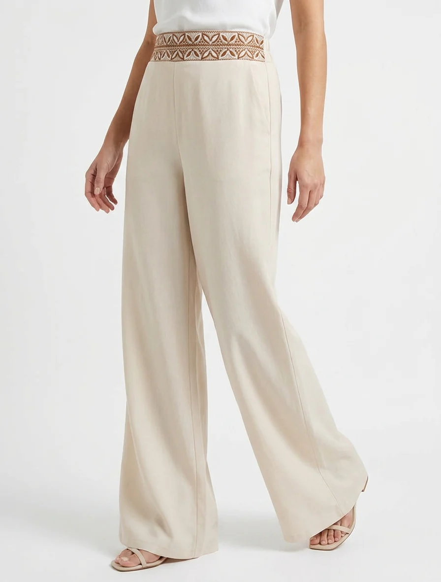 Effen vloeiende broek met hoge taille - Beige - Image 4
