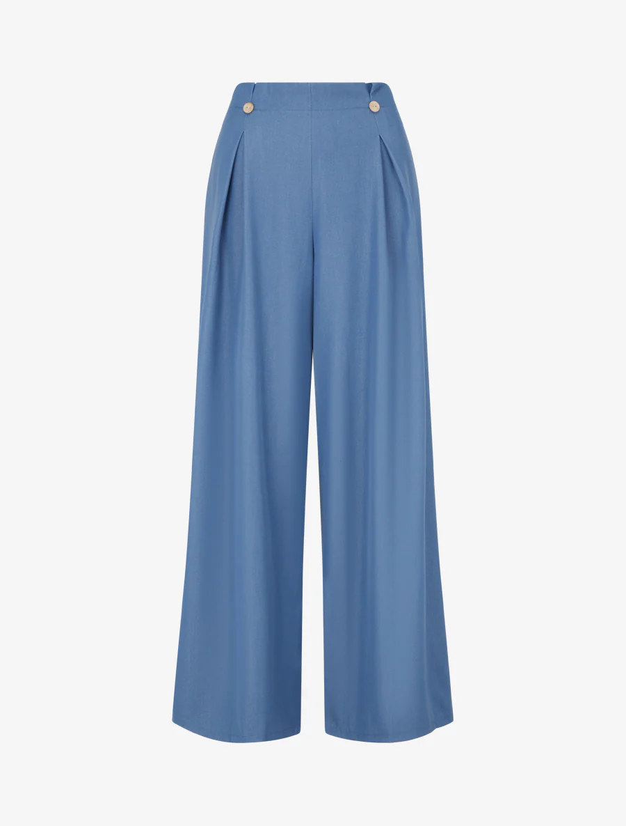 Effen vloeiende broek met knoopsluiting. - Blauw