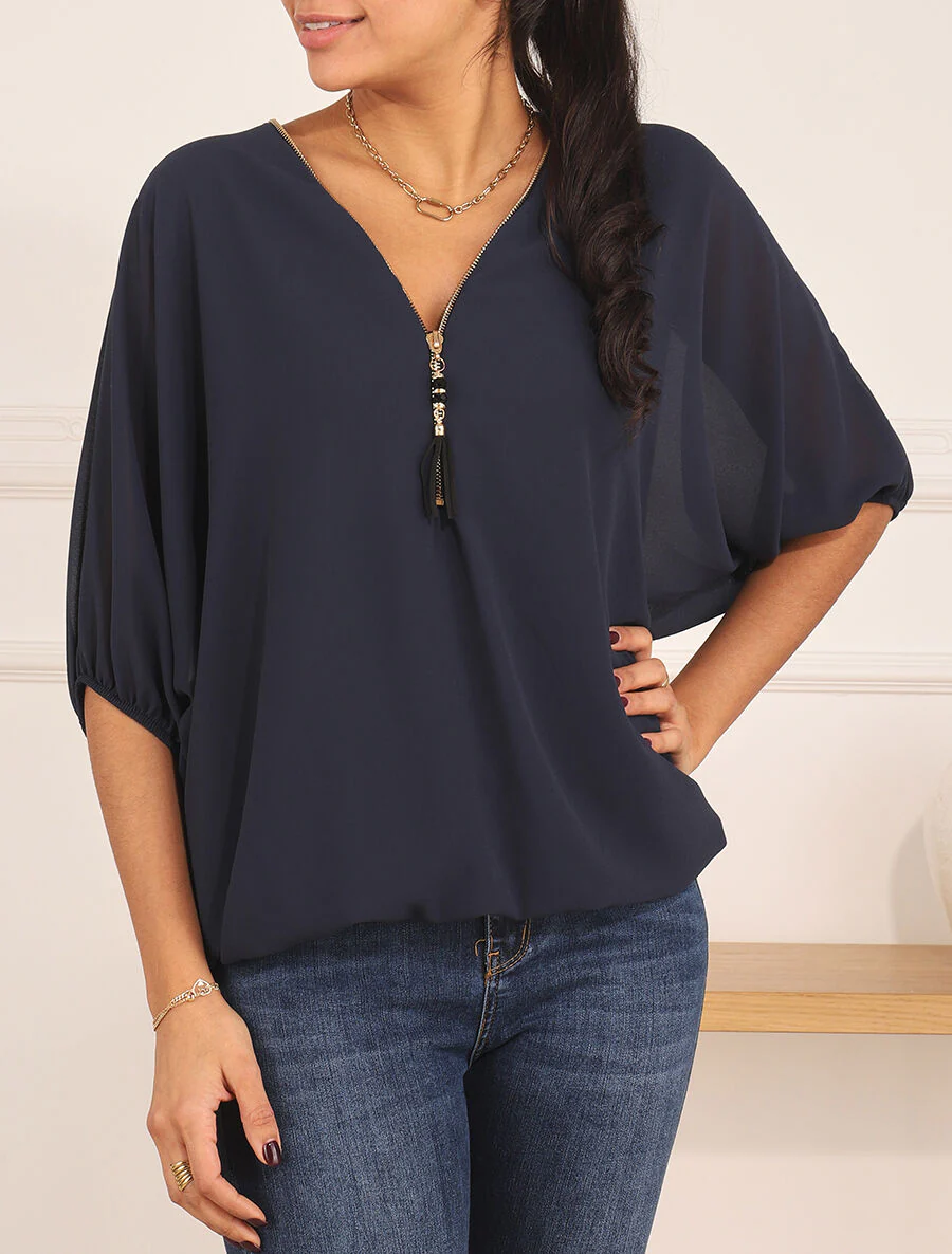 Effen voile blouse - Marineblauw - Image 4