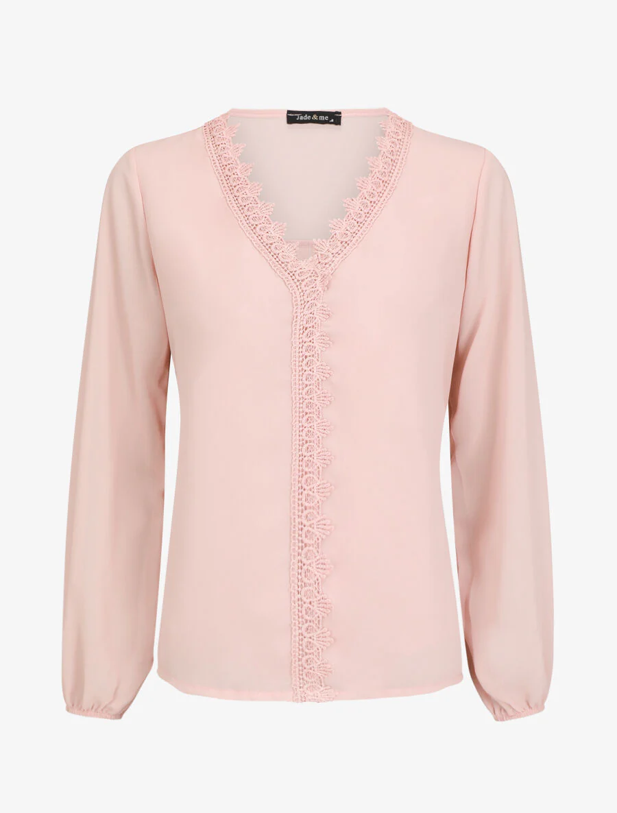 Effen voile blouse met geborduurde kraag - Roze