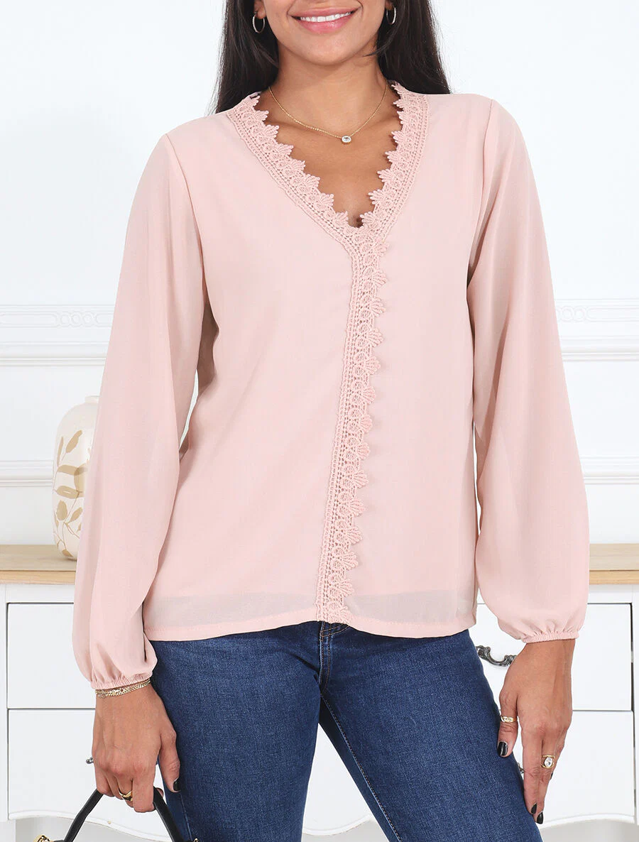 Effen voile blouse met geborduurde kraag - Roze - Image 4