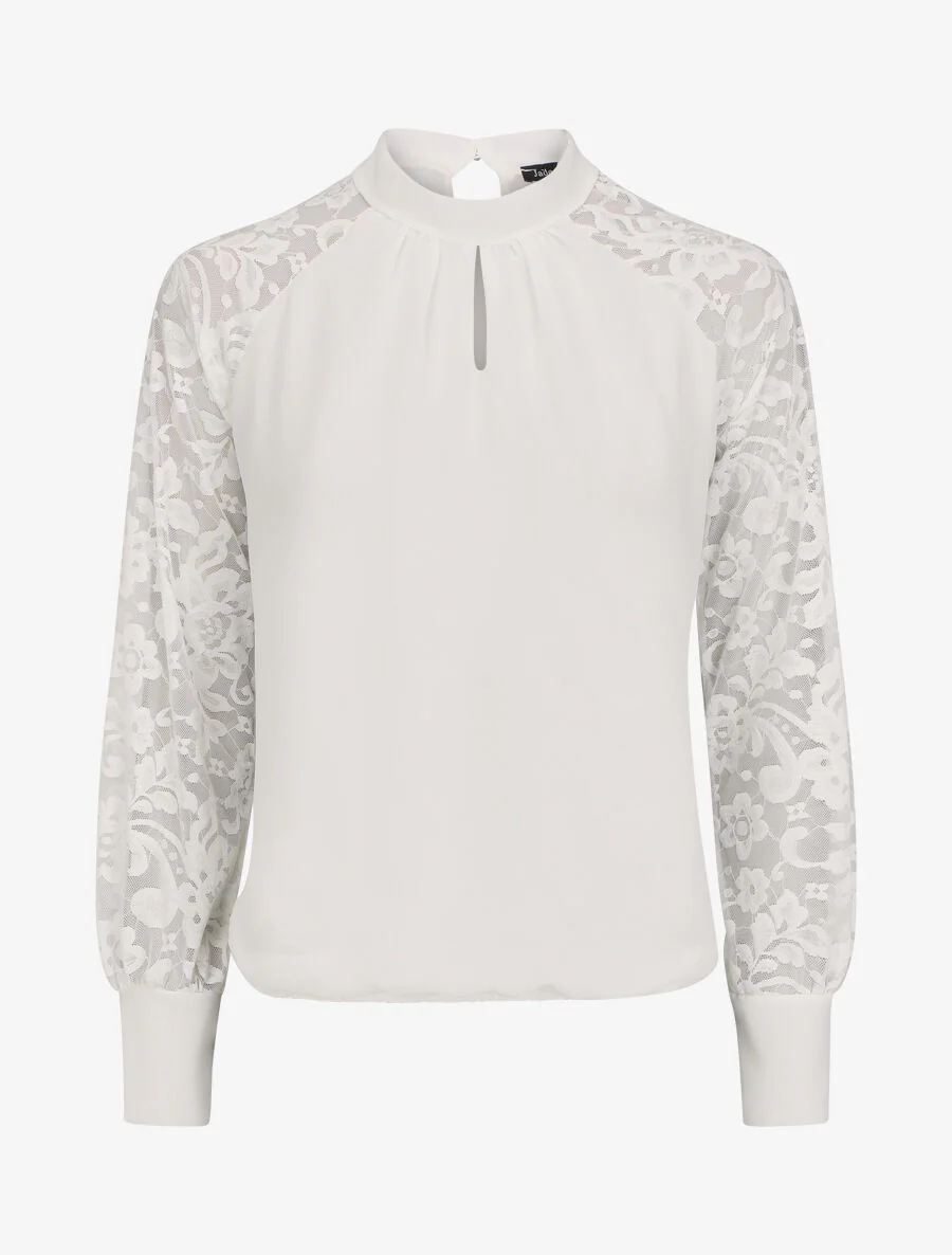 Effen voile blouse met kanten mouwen - wit