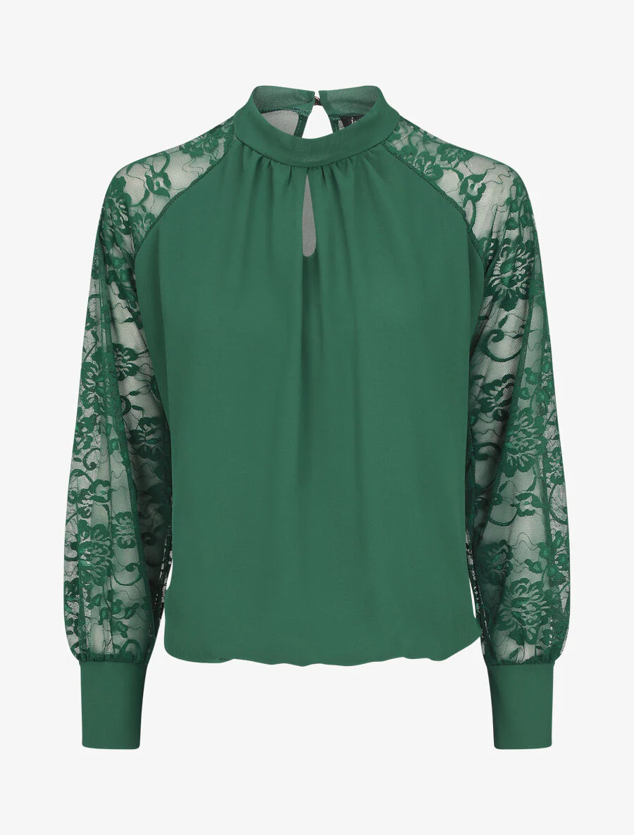 Effen voile blouse met kanten mouwen - Dennengroen