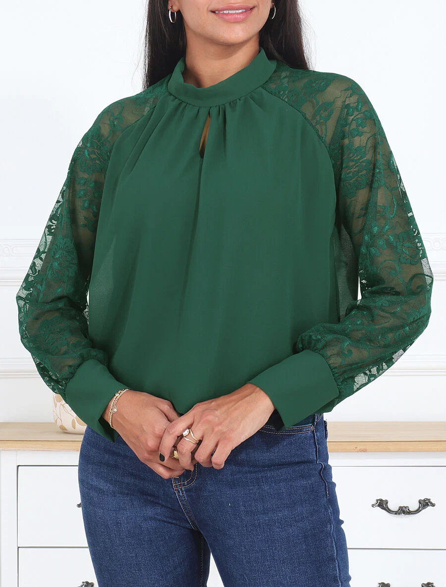 Effen voile blouse met kanten mouwen - Dennengroen - Image 4