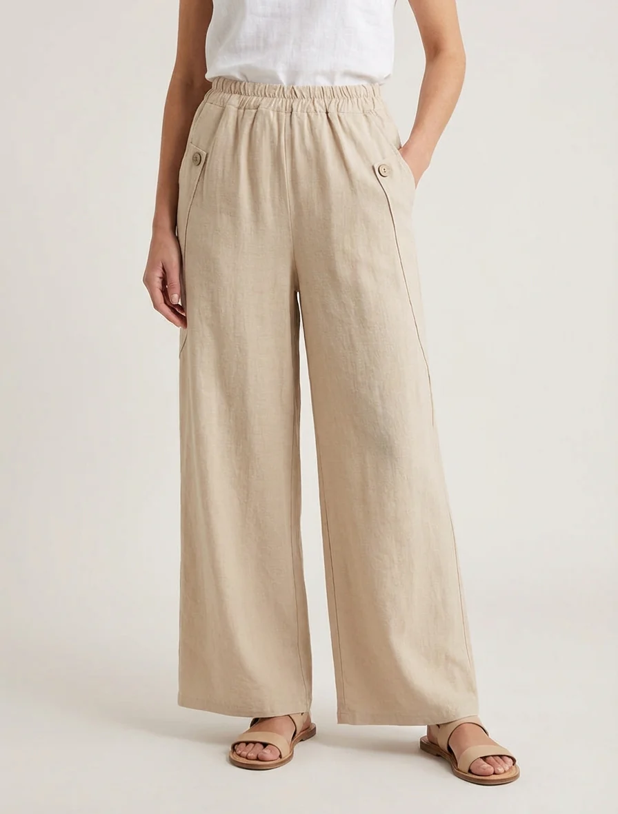 Effen wijde broek met decoratieve knopen - Beige - Image 4