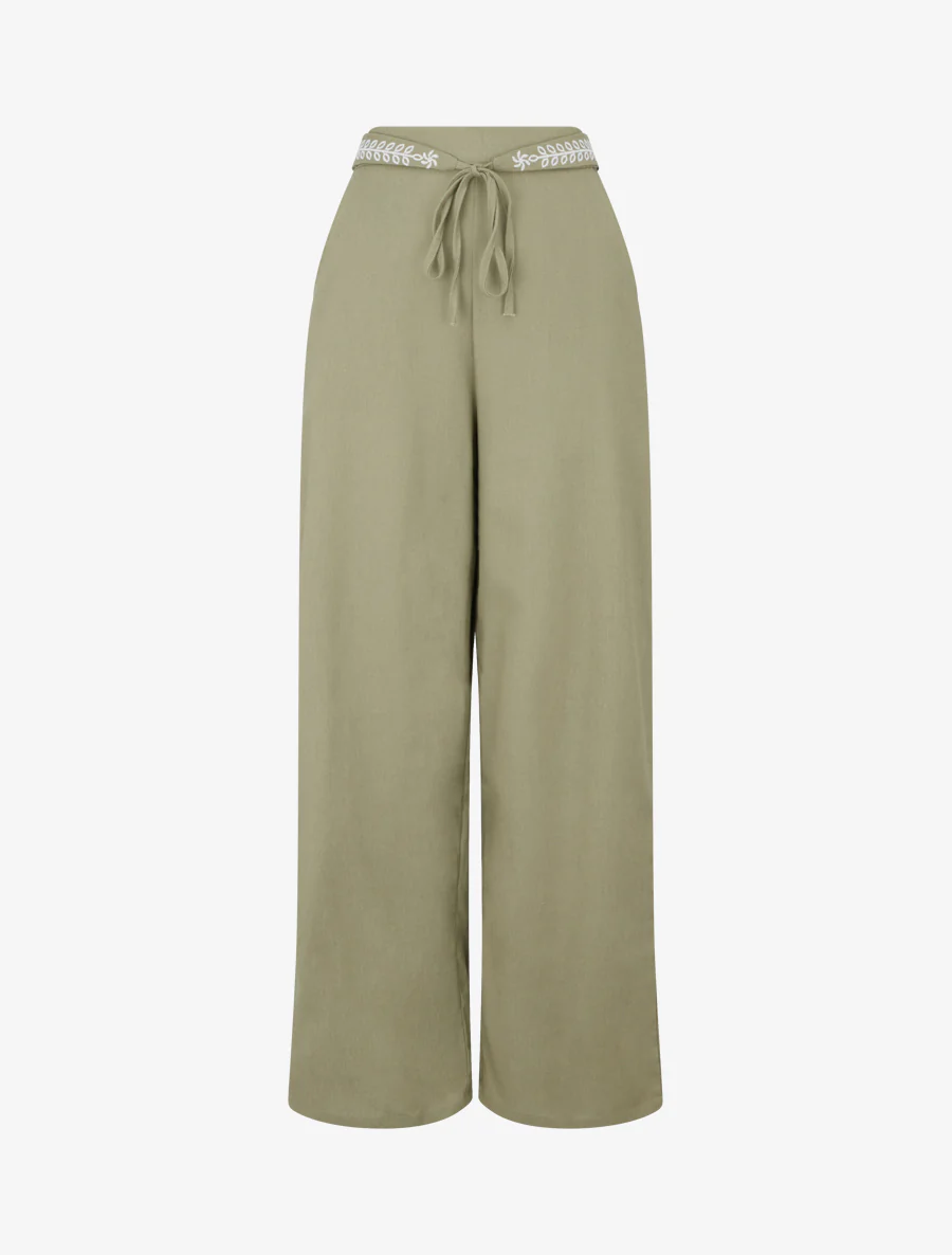 Effen wijde broek met geborduurde riem - Kaki
