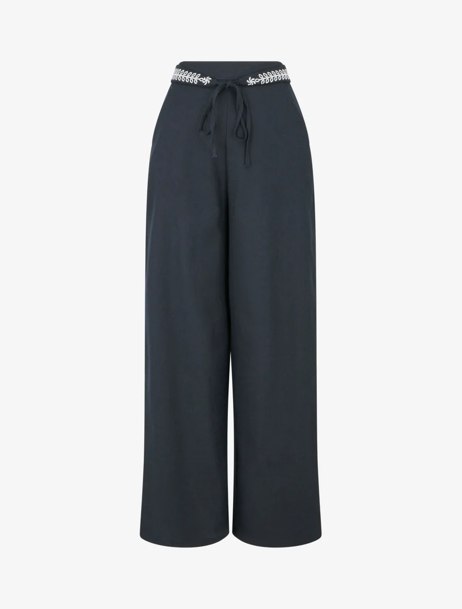 Effen wijde broek met geborduurde riem - Nachtblauw