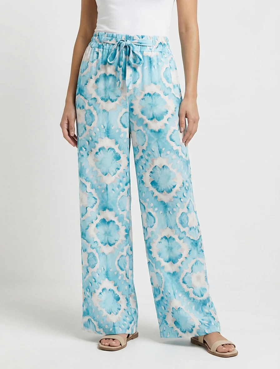 Elastische broek met abstracte print - Turkoois - Image 4