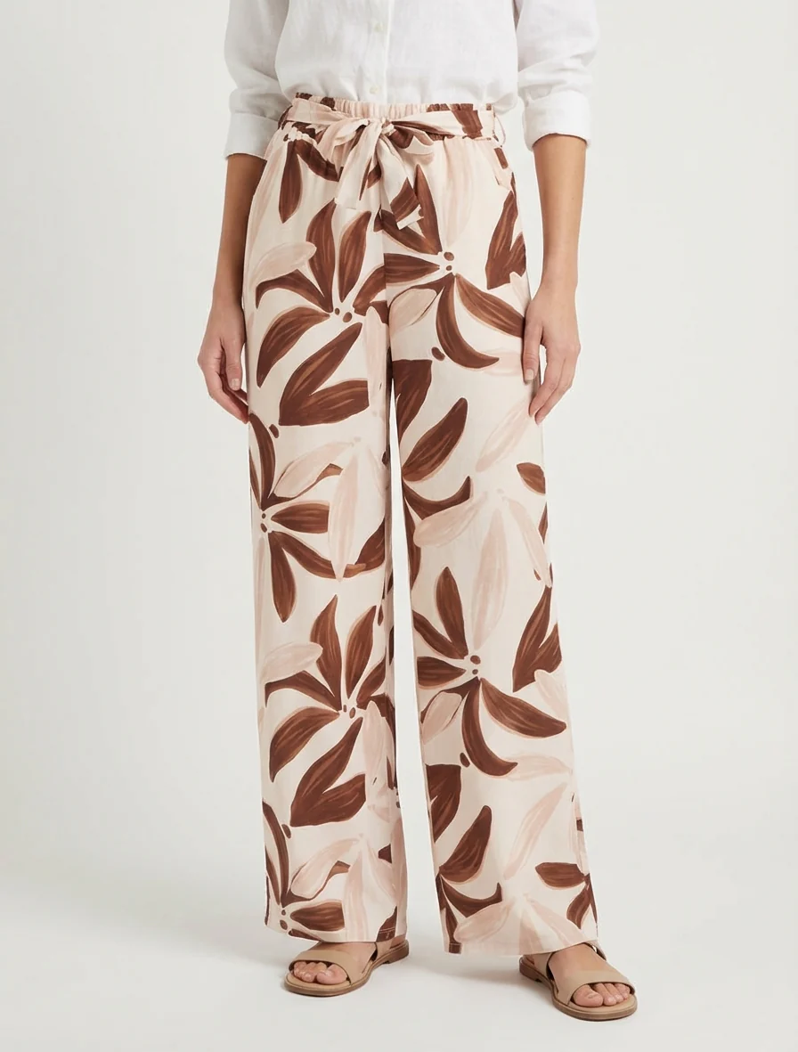 Elastische broek met bloemenprint - Beige - Image 4