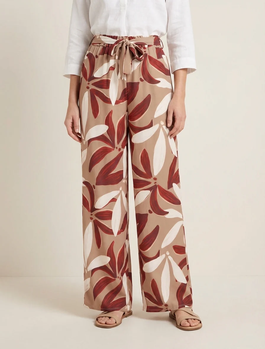 Elastische broek met bloemenprint - Kameel - Image 4