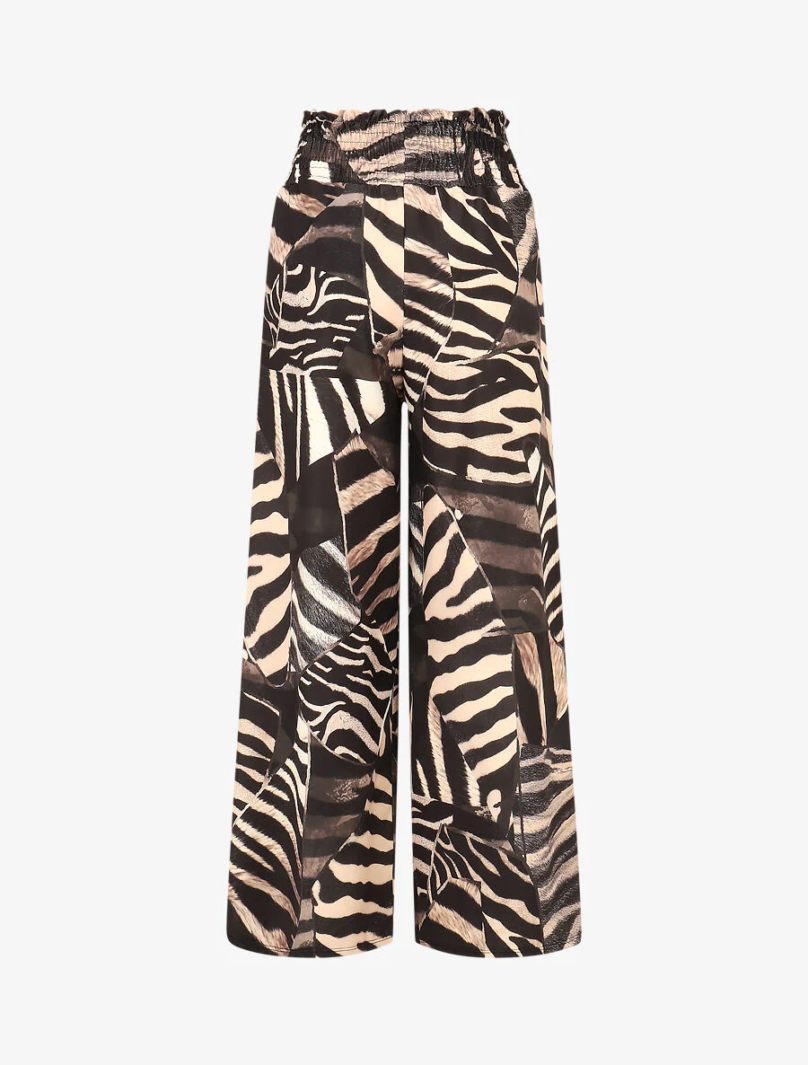 Elastische broek met dierenprint en hoge taille - Beige - Image 2