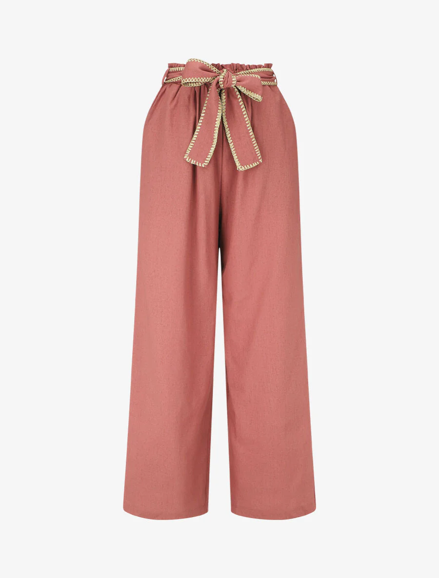 Elastische broek met linnen-effect en stijlvolle tailleband - Oudroze