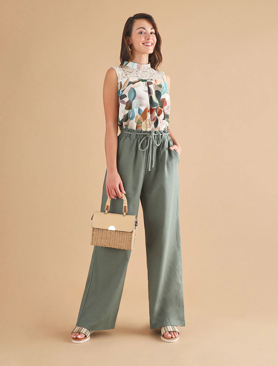 Elastische broek met linnen-effect - Kakigroen - Image 4
