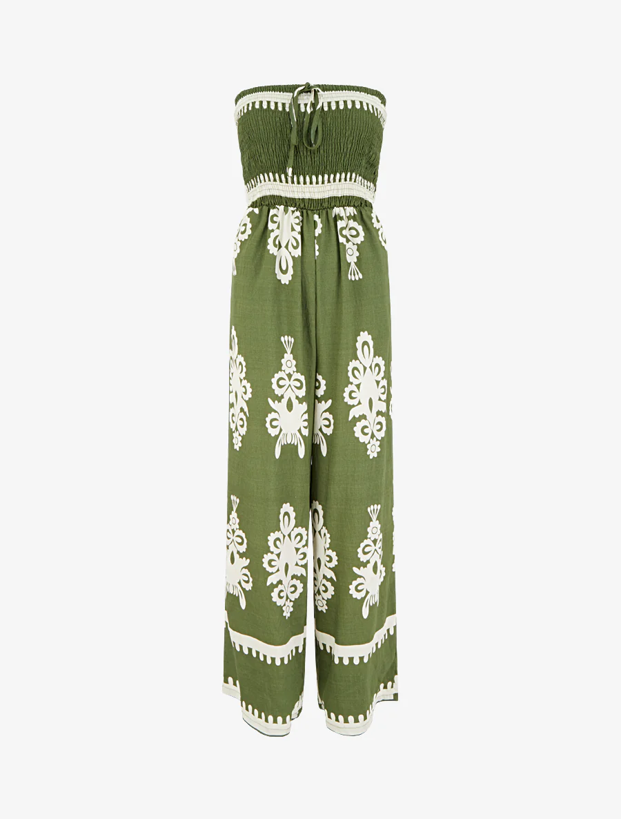 Elastische bustier jumpsuit met grafische print - Kaki