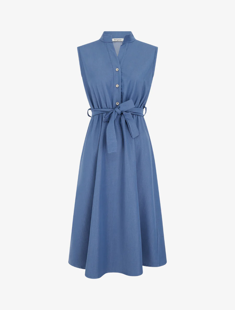 Elastische effen jurk met knoopsluiting op het borststuk. - Blauw