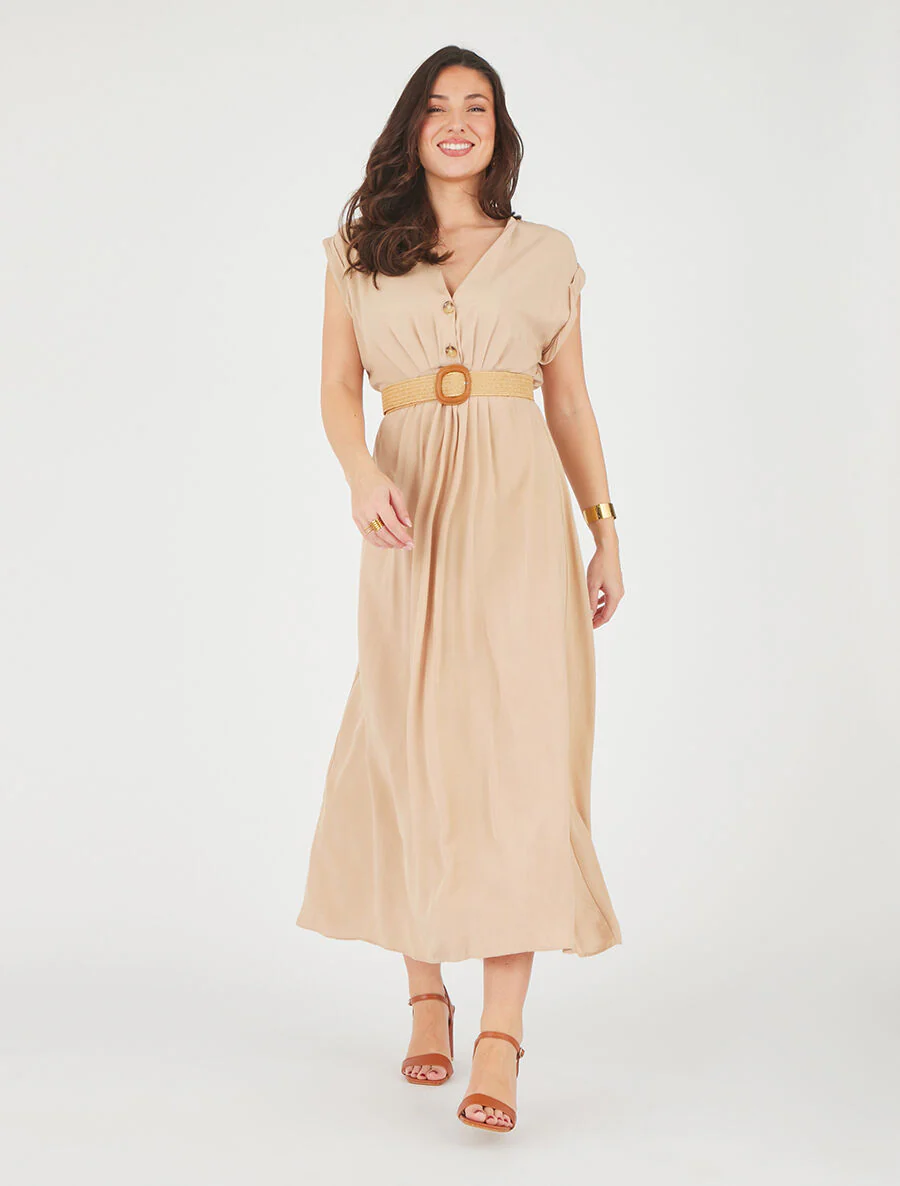 Elastische effen lange jurk - Beige - Image 4