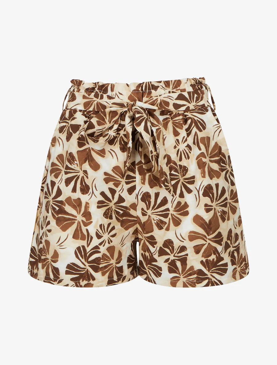 Elastische korte broek met bloemenprint. - Bruin