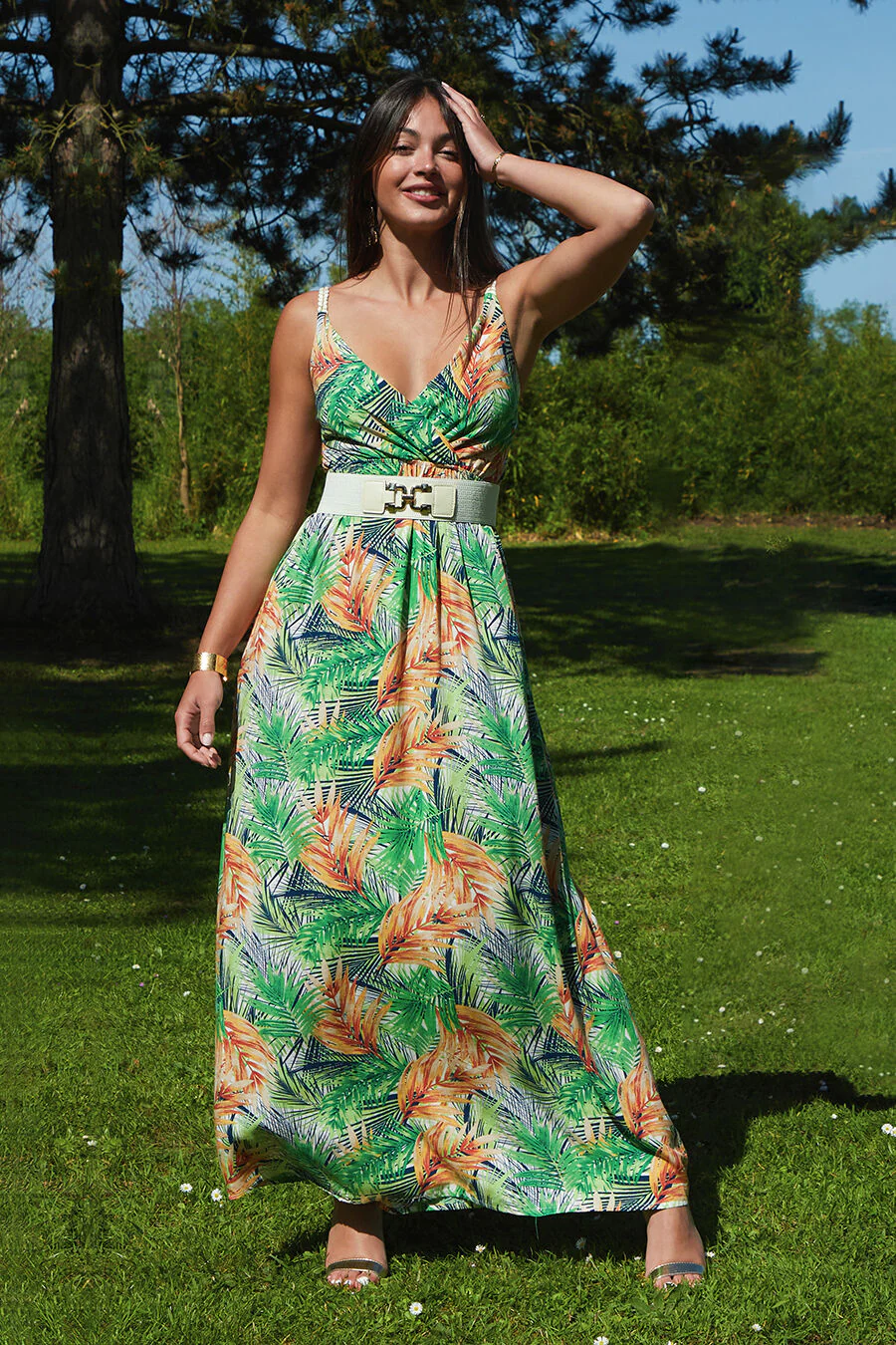 Elastische lange jurk met bladerenprint - Wit