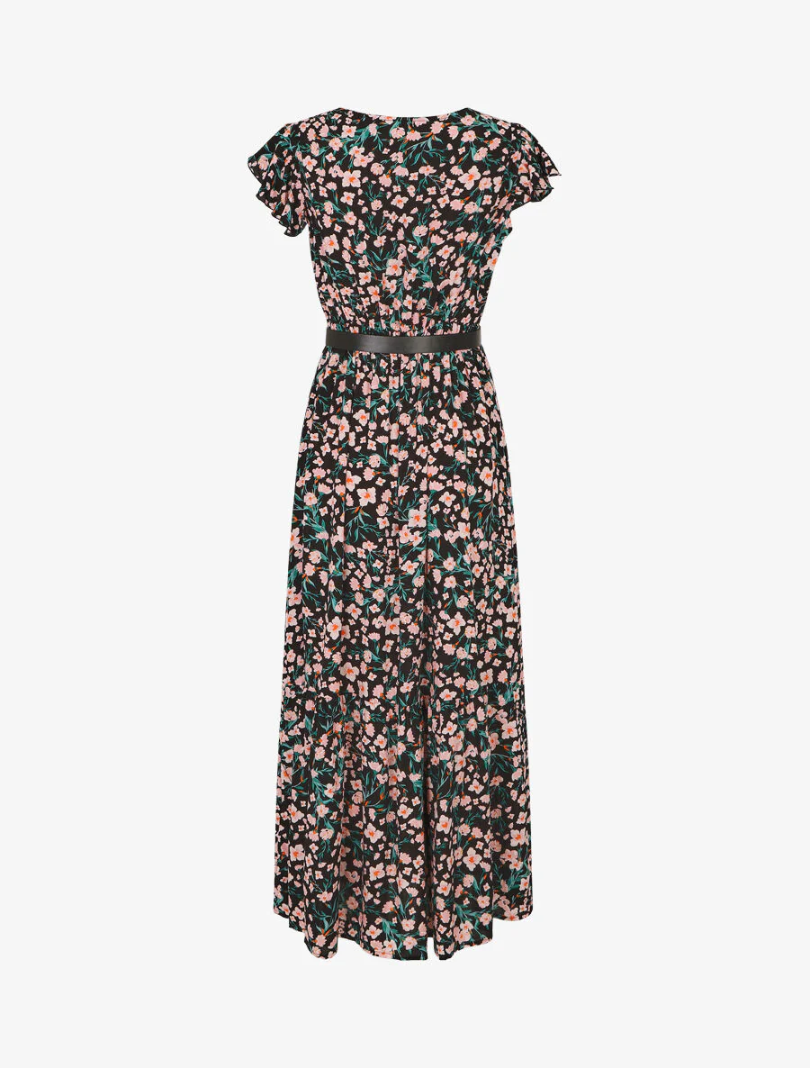 Elastische lange jurk met bloemenprint en borduursels - zwart - Image 2