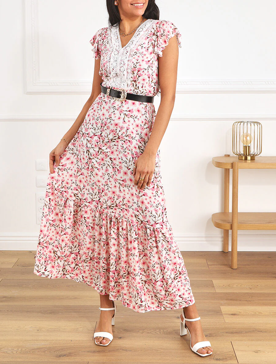 Elastische lange jurk met bloemenprint en borduursels - Wit - Image 4