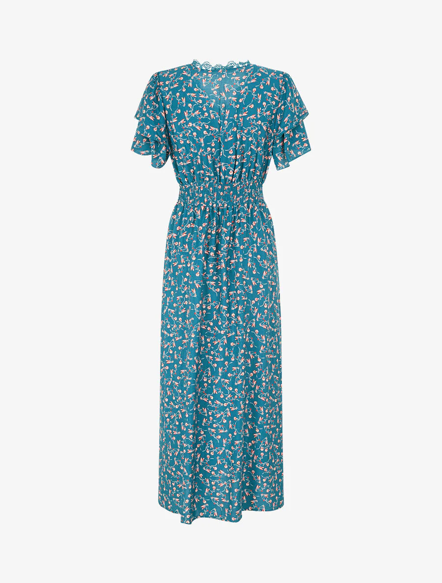 Elastische lange jurk met bloemenprint - Blauwgroen - Image 3