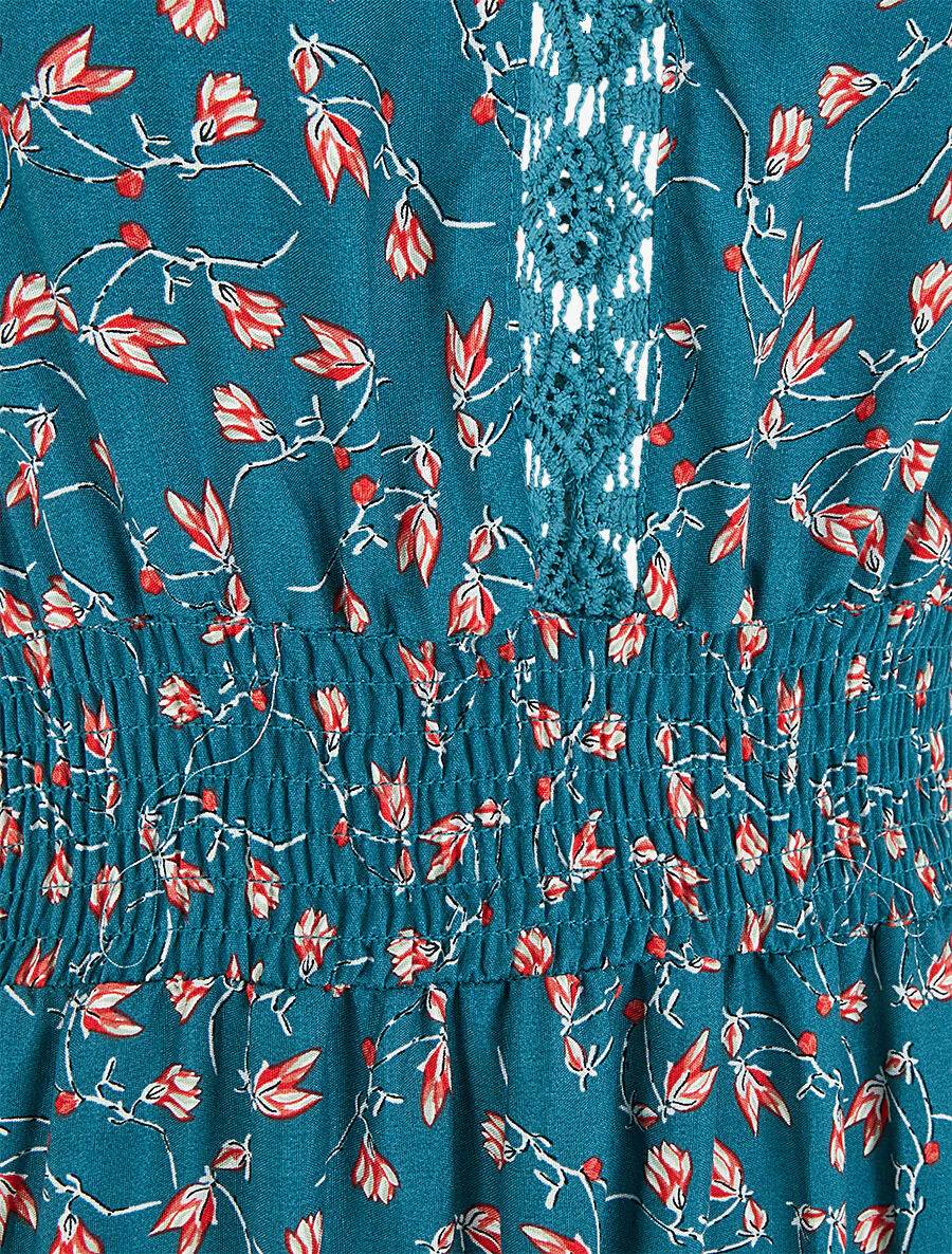 Elastische lange jurk met bloemenprint - Blauwgroen - Image 4