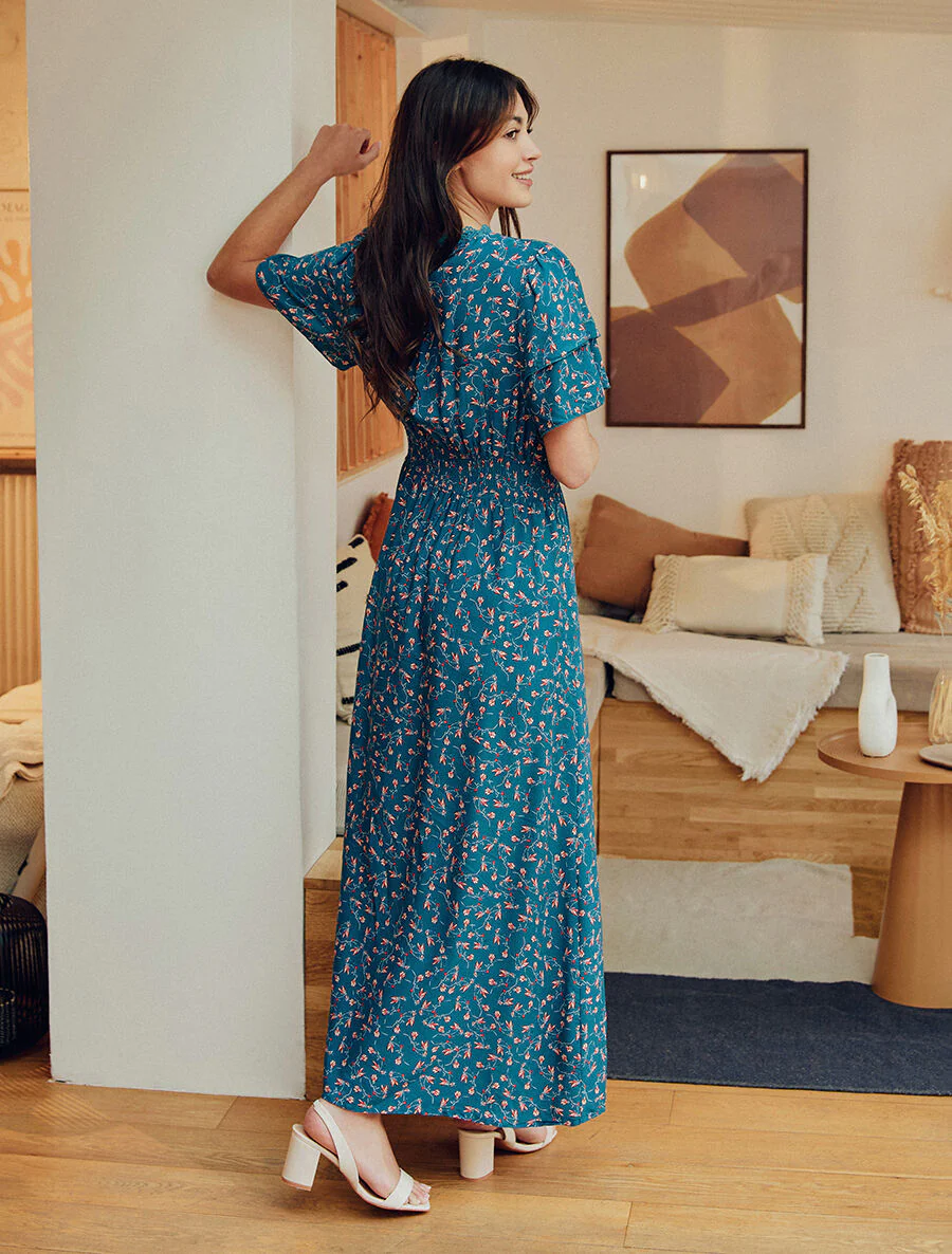 Elastische lange jurk met bloemenprint - Blauwgroen - Image 6