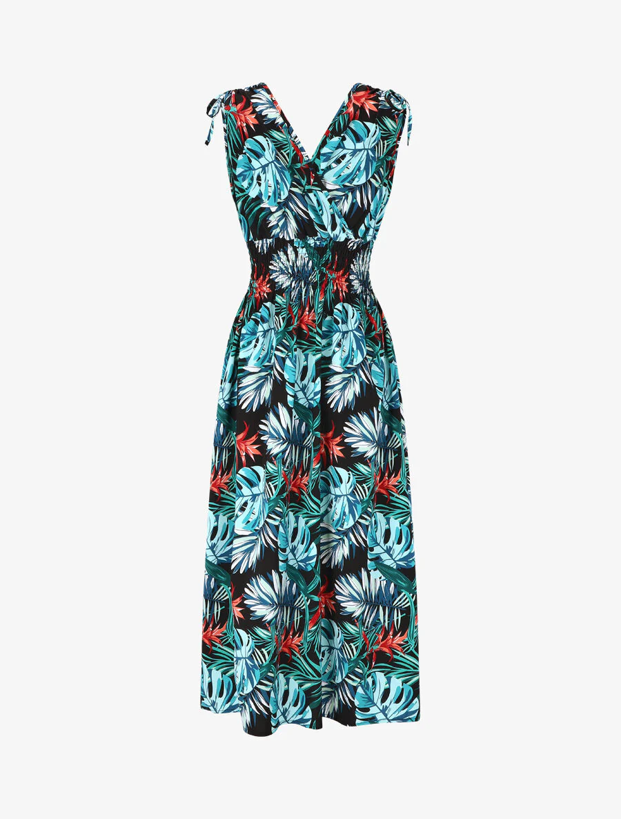 Elastische lange jurk met tropische print - blauw - Image 2