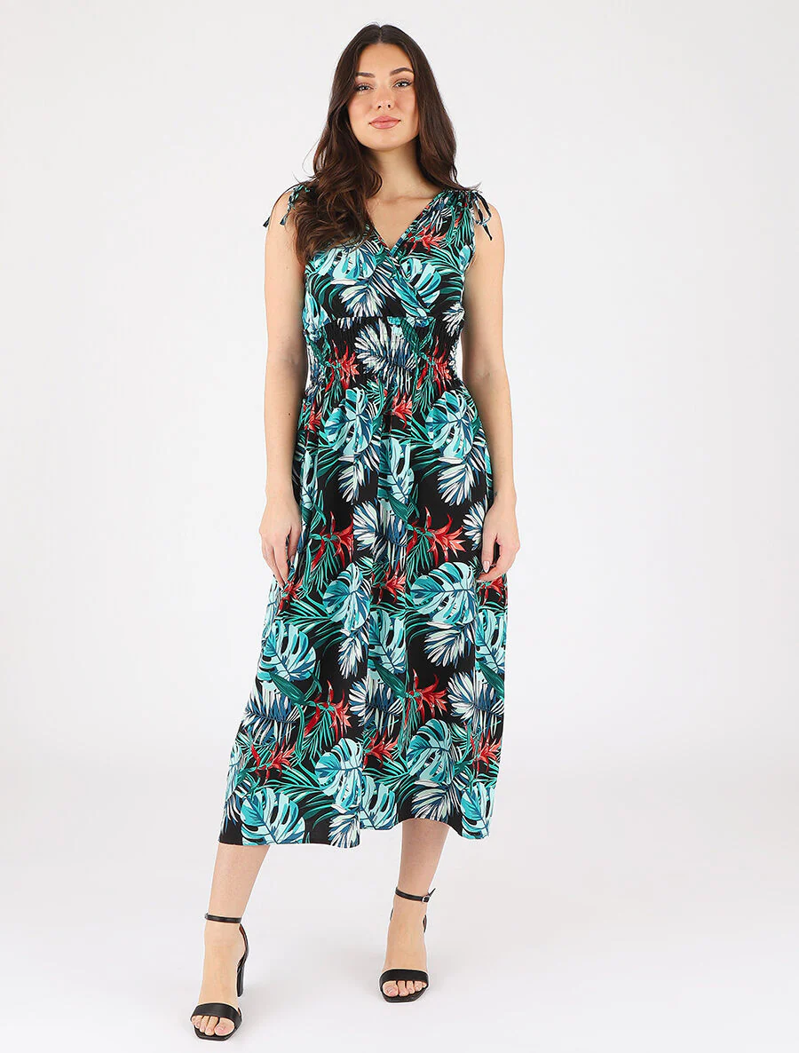 Elastische lange jurk met tropische print - blauw - Image 4