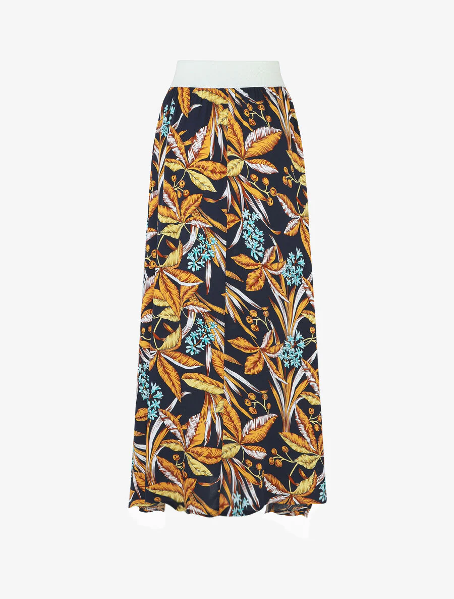 Elastische lange rok met tropische print - Marineblauw - Image 2